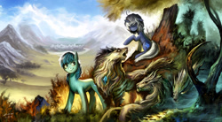 Size: 1920x1060 | Tagged: safe, artist:ziom05, oc, oc only, oc:poison joke, earth pony, pony, unicorn, wolf, commission, forest, horn, male, mountain, nature, scenery, stallion, tree