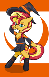 Size: 876x1365 | Tagged: safe, artist:sallycars, sunset shimmer, pony, unicorn, g4, belt, bipedal, black socks, clothes, cosplay, costume, dress, female, halloween, halloween costume, hat, holiday, hooves behind head, horn, mare, ms paint, socks, solo, two toned background, witch costume, witch hat