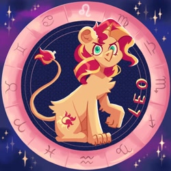 Size: 1280x1280 | Tagged: safe, artist:irisikiki, part of a set, sunset shimmer, big cat, hybrid, lion, pony, unicorn, g4, butt fluff, chest fluff, colored pupils, female, horn, leo, looking at you, mare, solo, species swap, stars, zodiac