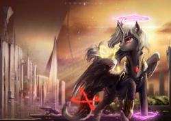 Size: 2912x2059 | Tagged: safe, artist:aidelank, oc, oc only, oc:empress shi, alicorn, pony, city, clothes, empire of shi, female, magic, mare, science fiction, solo focus, spaceship, structure, uniform