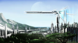 Size: 4375x2400 | Tagged: safe, artist:aidelank, oc, oc only, barely pony related, city, empire of feng, forest, leaves, mountain, mountain range, nature, science fiction, spaceship, structure, tower, tree