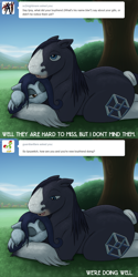 Size: 1500x3000 | Tagged: safe, artist:drxii, oc, oc:escher, oc:ipsywitch, earth pony, pony, g4, ask, cuddling, dialogue, draft horse, female, male, mare, outdoors, stallion, tumblr