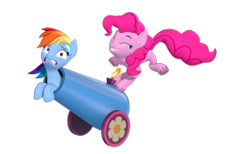 Size: 3200x2160 | Tagged: safe, artist:owlpirate, pinkie pie, rainbow dash, earth pony, pegasus, pony, g4, 3d, duo, duo female, eyes closed, female, grin, gritted teeth, high res, looking at you, mare, party cannon, pony cannonball, simple background, smiling, source filmmaker, teeth, this will end in pain, transparent background, unshorn fetlocks