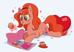 Size: 2480x1754 | Tagged: safe, artist:bluuefrog, oc, oc:dazha, pony, unicorn, g4, blue eyes, cup, cute, cute smile, donut, eating, female, female oc, food, glowing, glowing horn, hairband, heart, heart pillow, horn, levitation, lying down, magic, magic aura, mare, ocbetes, orange hair, orange mane, orange tail, pillow, pink coat, pony oc, prone, reading, redhead, simple background, solo, tail, teacup, telekinesis, unicorn oc