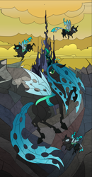 Size: 1769x3389 | Tagged: safe, artist:kanochka, queen chrysalis, changeling, changeling queen, g4, crown, female, jewelry, raised hoof, regalia, stained glass