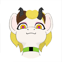 Size: 512x512 | Tagged: safe, artist:kody wiremane, derpibooru exclusive, oc, oc only, oc:alexis arrows, pony, succubus, bangs, bobcut, bust, choker, eyelashes, eyeshadow, female, heart, heart eyes, horns, looking at you, looking down, looking down at you, makeup, neck, portrait, short hair, simple background, smiling, smirk, smug, solo, succupony, white background, wingding eyes