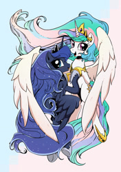 Size: 1205x1713 | Tagged: safe, artist:yukandasama, princess celestia, princess luna, alicorn, pony, g4, cute, duo, female, hoof hold, hug, looking at you, mare, siblings, sisters, winghug, wings