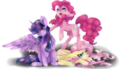 Size: 3265x1837 | Tagged: safe, artist:chocori, fluttershy, pinkie pie, twilight sparkle, alicorn, earth pony, pegasus, pony, g4, female, fluttershy is not amused, heart, heart eyes, mare, one wing out, open mouth, open smile, smiling, trio, twilight sparkle (alicorn), unamused, wingding eyes, wings