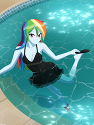 Size: 900x1200 | Tagged: safe, artist:riouku, rainbow dash, equestria girls, g4, bare shoulders, barefoot, beautiful wet black dress, black dress, blushing, breasts, clothes, commission, commissioner:ajnrules, cute, dashabetes, dress, feet, female, flats, little black dress, multicolored hair, rainbow hair, shoe dangling, shoes, sleeveless, solo, swimming pool, water, wet, wet clothes, wet dress, wet hair