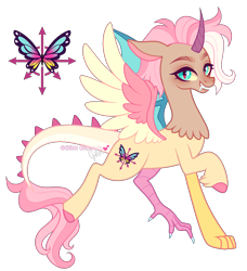 Size: 1476x1619 | Tagged: safe, artist:gihhbloonde, oc, oc only, unnamed oc, draconequus, hybrid, colored eyelashes, colored hooves, colored horn, colored pinnae, colored sclera, colored wings, curved horn, draconequus oc, fangs, fetlock tuft, grid adoptable, grin, hooves, horn, interspecies offspring, leonine tail, looking at you, mismatched wings, offspring, parent:discord, parent:fluttershy, parents:discoshy, purple eyelashes, simple background, slit pupils, smiling, solo, spread wings, tail, teal eyes, transparent background, two toned wings, wings, yellow sclera