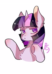 Size: 2480x3507 | Tagged: safe, artist:zheilishiyigepeigen, twilight sparkle, pony, unicorn, g4, blushing, bust, chest fluff, female, horn, looking at you, mare, simple background, solo, text, white background