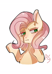 Size: 2480x3507 | Tagged: safe, artist:zheilishiyigepeigen, fluttershy, pegasus, pony, g4, blushing, bust, chest fluff, female, mare, simple background, solo, text, white background