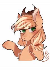 Size: 2480x3507 | Tagged: safe, artist:zheilishiyigepeigen, applejack, earth pony, pony, g4, blushing, bust, chest fluff, female, hat, mare, simple background, solo, text, white background