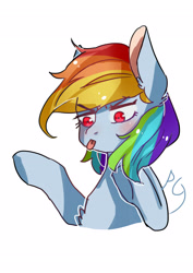 Size: 2480x3507 | Tagged: safe, artist:zheilishiyigepeigen, rainbow dash, pegasus, pony, g4, blushing, bust, chest fluff, female, mare, simple background, solo, text, tongue out, white background