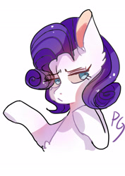 Size: 2480x3507 | Tagged: safe, artist:zheilishiyigepeigen, rarity, pony, unicorn, g4, blushing, bust, chest fluff, female, horn, mare, missing horn, simple background, solo, text, white background