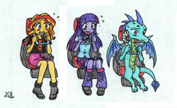 Size: 1145x698 | Tagged: safe, artist:kingnanamine87, princess ember, sunset shimmer, twilight sparkle, dragon, human, equestria girls, g4, female, ride pod, traditional art, trio, trio female, worried