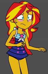 Size: 997x1536 | Tagged: safe, artist:dragonkingamn, sunset shimmer, equestria girls, g4, :s, bare arms, bare legs, bare shoulders, blushing, clothes, clothes swap, gray background, nervous, one-piece swimsuit, sci-twi swimsuit, shrunken pupils, simple background, sleeveless, solo, swimsuit, swimsuit swap, wavy mouth