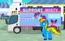 Size: 3787x2403 | Tagged: safe, artist:shieldwingarmorofgod, misty brightdawn, oc, oc:shield wing, alicorn, pony, g4, g5, alicorn oc, blue hooves, brown eyes, g5 drama, g5 to g4, generation leap, horn, male, outdoors, stallion, three toned mane, three toned tail, truck, unshorn fetlocks, wings