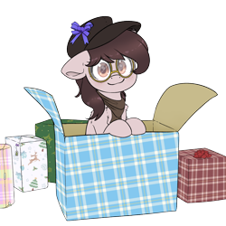 Size: 3000x3000 | Tagged: safe, artist:fluffyxai, oc, oc only, oc:fetch, pony, box, clothes, commission, freckles, glasses, hat, hearth's warming, looking at you, pony in a box, present, scarf, simple background, solo, transparent background, ych result