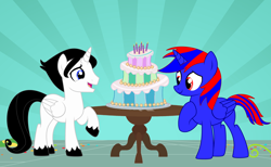 Size: 6000x3700 | Tagged: safe, artist:brightstar40k, oc, oc only, oc:bright star, oc:stephen (stephen-fisher), alicorn, g4, alicorn oc, birthday cake, cake, duo, food, happy birthday, horn, male, sunburst background, wings