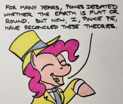 Size: 2048x1727 | Tagged: safe, artist:hoofclid, pinkie pie, earth pony, pony, g4, bust, clothes, dialogue, eyes closed, female, hat, mare, marker drawing, necktie, open mouth, open smile, smiling, solo, suit, top hat, traditional art