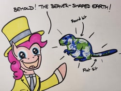 Size: 2048x1536 | Tagged: safe, artist:hoofclid, pinkie pie, beaver, earth pony, pony, g4, bust, clothes, dialogue, earth, female, hat, looking at you, mare, marker drawing, necktie, open mouth, open smile, smiling, smiling at you, solo, suit, talking to viewer, top hat, traditional art