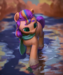 Size: 1808x2160 | Tagged: safe, artist:noasha, sunny starscout, earth pony, pony, g5, autumn, clothes, coat markings, colored eyebrows, colored hooves, female, hooves, looking down, mane stripe sunny, mare, outdoors, puddle, reflection, sad, scarf, socks (coat markings), solo, sunny sadscout, walking, water