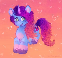 Size: 2100x1968 | Tagged: safe, artist:plushiepaint, misty brightdawn, pony, unicorn, g5, abstract background, blue coat, butterfly eyes, colored belly, colored fetlocks, colored pinnae, curly mane, curly tail, cute, female, floating heart, full body, gradient background, gradient horn, gradient mane, gradient tail, green eyes, heart, horn, looking at you, lying down, mare, mistybetes, open mouth, open smile, prone, rebirth misty, smiling, solo, tail