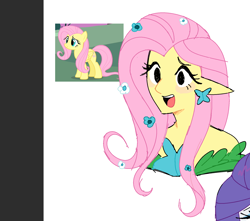 Size: 1750x1546 | Tagged: safe, artist:syrupyyy, fluttershy, rarity, human, pegasus, pony, g4, blush sticker, blushing, bust, clothes, cutie mark accessory, cutie mark earrings, dress, ear piercing, earring, elf ears, female, flower, flower in hair, humanized, jewelry, long hair, mare, no iris, off shoulder, offscreen character, open mouth, open smile, piercing, pink hair, pony coloring, screencap reference, simple background, smiling, solo focus, white background, yellow skin