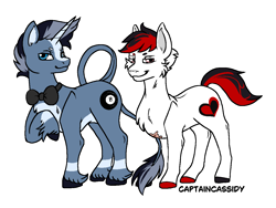 Size: 1240x933 | Tagged: safe, artist:captaincassidy, oc, oc only, oc:break shot, oc:double down, earth pony, unicorn, blue coat, blue eyes, disabled, duo, earth pony oc, horn, male, pink eyes, simple background, stallion, transparent background, unicorn oc, white coat