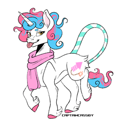 Size: 1300x1300 | Tagged: safe, artist:captaincassidy, oc, oc only, oc:pop rocks, unicorn, :p, blue mane, clothes, curly mane, female, fetlock tuft, horn, long tail, multicolored hair, multicolored tail, pink mane, scarf, simple background, solo, tail, tongue out, trans female, transfeminine, transgender, transparent background, unicorn oc, unshorn fetlocks, white coat