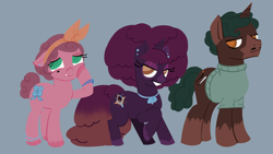 Size: 4000x2252 | Tagged: safe, artist:bouquetofmag, oc, oc only, oc:belle, oc:mercurio, oc:mirror eclipse, earth pony, pony, unicorn, bow, clothed ponies, ear piercing, facial hair, female, hair bow, horn, male, mare, mole, original character do not steal, piercing, pink mane, size chart, size comparison, stallion, stallion oc