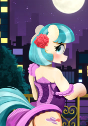 Size: 1476x2110 | Tagged: safe, artist:darksly, coco pommel, earth pony, pony, semi-anthro, g4, back, bipedal, bipedal leaning, blushing, body pillow, body pillow design, butt, city, cityscape, clothes, commission, dress, female, flower, flower in hair, full moon, hatbutt, leaning, looking at you, looking back, looking back at you, mare, moon, night, off shoulder, outdoors, plot, railing, solo