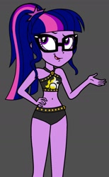 Size: 946x1536 | Tagged: safe, artist:dragonkingamn, sci-twi, twilight sparkle, equestria girls, g4, bare arms, bare legs, bare shoulders, bikini, bikini bottom, bikini top, clothes, clothes swap, diamond, glasses, gray background, hand on hip, hand out, meh, open mouth, open smile, ponytail, simple background, smiling, smirk, solo, studs, sunset shimmer's beach shorts swimsuit, swimsuit, swimsuit swap