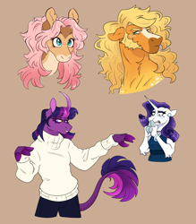 Size: 2360x2691 | Tagged: safe, artist:angstyram, applejack, fluttershy, rarity, twilight sparkle, earth pony, pegasus, pony, unicorn, anthro, g4, alternate hairstyle, blaze (coat marking), blue blush, blush lines, blushing, chin fluff, clothes, coat markings, colored eyelashes, colored pinnae, curved horn, dress, ear fluff, ear piercing, earring, ears back, elbow fluff, facial markings, female, finger hooves, freckles, freckleshy, gradient horn, gradient mane, horn, implied shining armor, jewelry, leonine tail, lidded eyes, loose hair, mare, neck fluff, not rule 63, pants, piercing, purple eyelashes, shoulder freckles, sideburns, simple background, snip (coat marking), tail, tan background, turtleneck