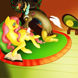 Size: 2449x2449 | Tagged: safe, artist:dannysartden, discord, fluttershy, draconequus, pegasus, pony, g4, 2014, blushing, book, couch, duo, duo male and female, female, fluttershy's cottage (interior), horns, indoors, male, mare, rug, ship:discoshy, shipping, smiling, straight, tail