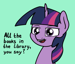 Size: 2048x1756 | Tagged: safe, artist:ewoudcponies, twilight sparkle, pony, unicorn, g4, book, bookhorse, bust, female, green background, horn, lidded eyes, mare, open mouth, open smile, simple background, smiling, solo, that pony sure does love books