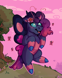 Size: 1535x1922 | Tagged: safe, artist:dragao_tecnologia, misty brightdawn, butterfly, changeling, pony, series:cutie mark chaos, g5, alternate universe, changelingified, digital art, fanart, flower, flower in hair, mistyling, outdoors, solo, species swap, tree