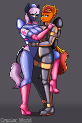 Size: 1500x2250 | Tagged: safe, alternate version, artist:creatorworld, oc, oc only, oc:fireheart(fire), oc:nurse lavender blossom, bat pony, anthro, plantigrade anthro, alternate universe, bat pony oc, clothes, duo, duo male and female, female, fireheart76's latex suit design, gloves, latex, latex gloves, latex suit, male, prisoners of the moon, rubber, rubber suit