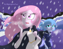 Size: 3300x2550 | Tagged: safe, artist:nightglowfan, princess celestia, princess luna, human, equestria girls, g4, clothes, dress, duo, duo female, female, long hair, short hair, snow, snowfall