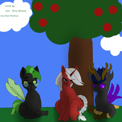 Size: 1000x1000 | Tagged: safe, artist:florablossomhq, oc, oc only, changeling, earth pony, pony, apple, apple tree, braid, braided tail, free commission, green changeling, outdoors, tail, tree, trio