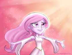 Size: 3300x2550 | Tagged: safe, artist:nightglowfan, princess celestia, human, equestria girls, g4, clothes, dress, long hair, magic, slender, sunrise, thin, young celestia