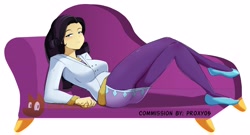 Size: 4096x2215 | Tagged: safe, artist:jackudoggy, rarity, human, g4, asian, bedroom eyes, breasts, busty rarity, clothes, commissioner:prixy05, crossed legs, fainting couch, female, humanized, light skin, looking at you, lying down, on back, simple background, solo, white background