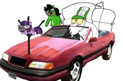 Size: 1094x717 | Tagged: safe, artist:jargon scott, twilight sparkle, oc, oc:anon-mare, oc:jargon scott, earth pony, pony, unicorn, g4, blowup doll, cap, car, chrysler, chrysler lebaron, dead rising, driving, female, filly, filly twilight sparkle, foal, hat, horn, mad max, male, squatpony, stallion, trucker hat, twiggie, video game reference, younger