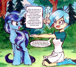 Size: 948x843 | Tagged: safe, artist:liaaqila, tennis match, oc, oc:spiral swirl, human, equestria girls, g4, commission, dialogue, hypnosis, hypnotized, kneeling, outdoors, pocket watch, swirly eyes, traditional art, zombie arms