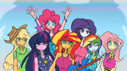 Size: 5760x3240 | Tagged: safe, artist:willowcatkin, applejack, fluttershy, pinkie pie, rainbow dash, rarity, sunset shimmer, twilight sparkle, human, rainbow rocks 10th anniversary, equestria girls, g4, eyebrows, eyebrows visible through hair, group, humane five, humane seven, humane six, looking at you, one eye closed, smiling, smiling at you, wink, winking at you