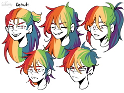 Size: 1200x900 | Tagged: safe, artist:sadscruffy, rainbow dash, human, equestria girls, g4, alternate hairstyle, bust, eyebrows, eyebrows visible through hair, female, open mouth, open smile, simple background, smiling, solo, white background