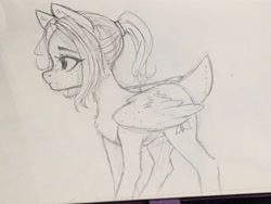 Size: 2048x1536 | Tagged: safe, artist:miokomata, oc, oc only, oc:mio, pegasus, pony, deer tail, female, grayscale, mare, monochrome, pencil drawing, ponytail, solo, tail, traditional art