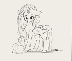 Size: 1273x1073 | Tagged: safe, artist:miokomata, fluttershy, pegasus, pony, vulpix, g4, chest fluff, cute, female, floppy ears, freckles, freckleshy, grayscale, heart, looking down, mare, monochrome, pokémon, shyabetes, sketch, solo, spoken heart