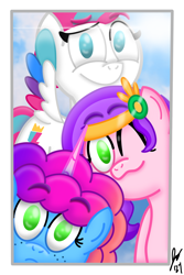 Size: 1200x1800 | Tagged: safe, artist:jesslmc16, misty brightdawn, pipp petals, zipp storm, pegasus, pony, unicorn, g5, cloud, digital art, female, flying, frown, happy, horn, lens flare, looking at you, one eye closed, passepartout, photo, rebirth misty, siblings, signature, sisters, smiling, smiling at you, trio, trio female, wink